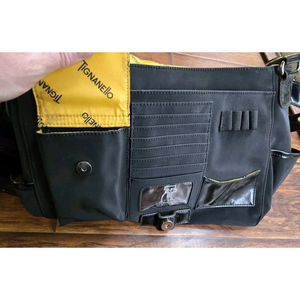 Tignanello Messenger Shoulder Bag Black Yellow Interior Laptop Computer Purse
